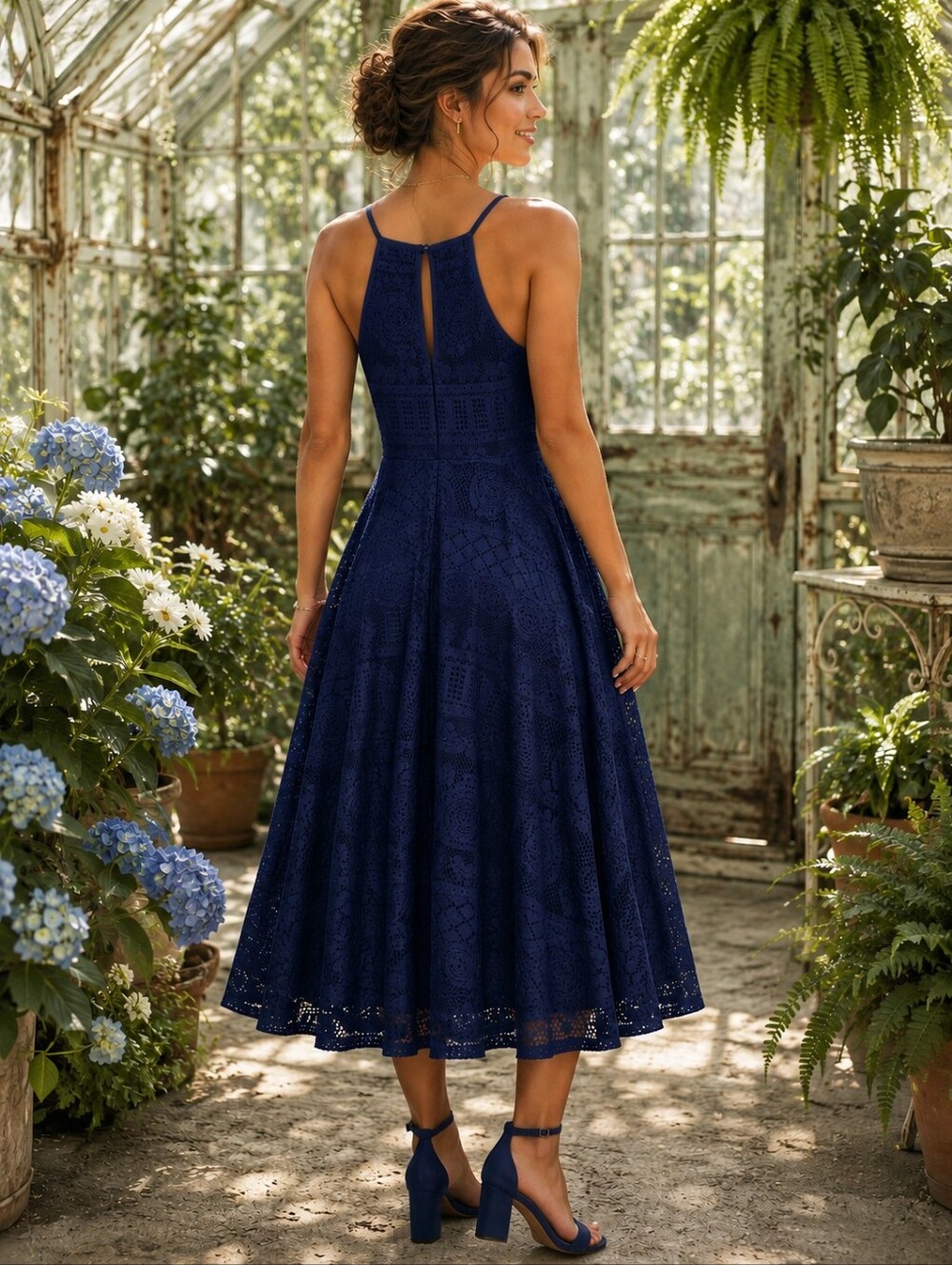 Bailey Blue Women's Large Navy Blue Lace Fit Flare Midi Sleeveless Halter Dress - Picture 2 of 15